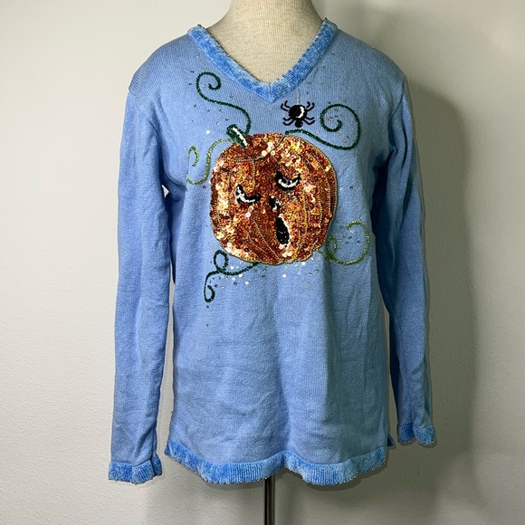 🔹 Quacker Factory Sequined and Beaded Halloween V-Neck Sweater - Picture 1 of 4